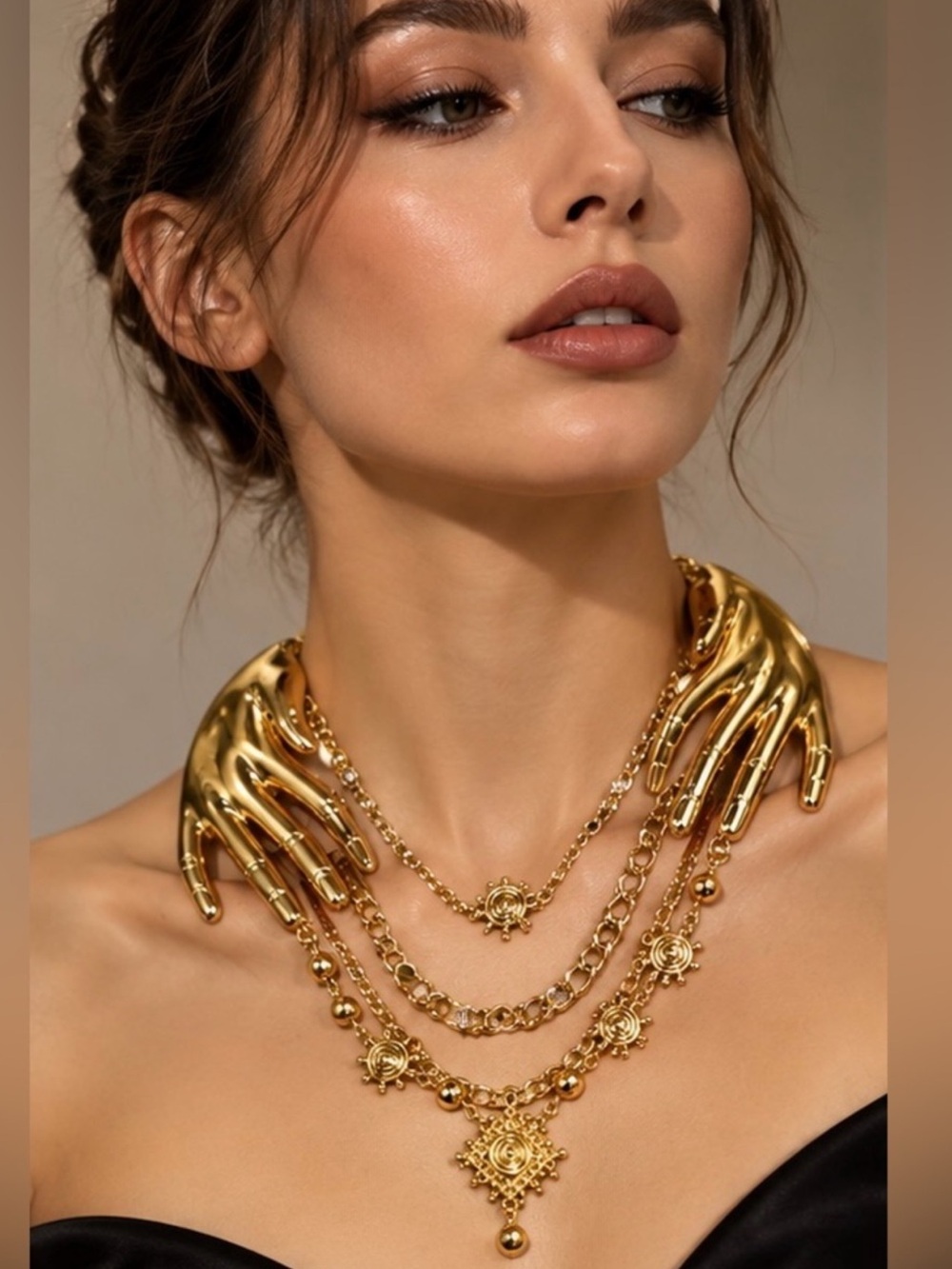 Sculptural Hand Statement Necklace Layered Charm Chain Body Jewelry
